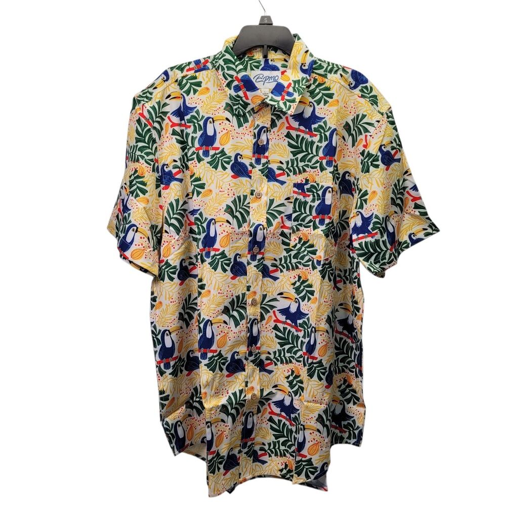 EPMO Hawaiian Men Tropical Short Sleeve Shirt Toucan & Leaf Print Size Large